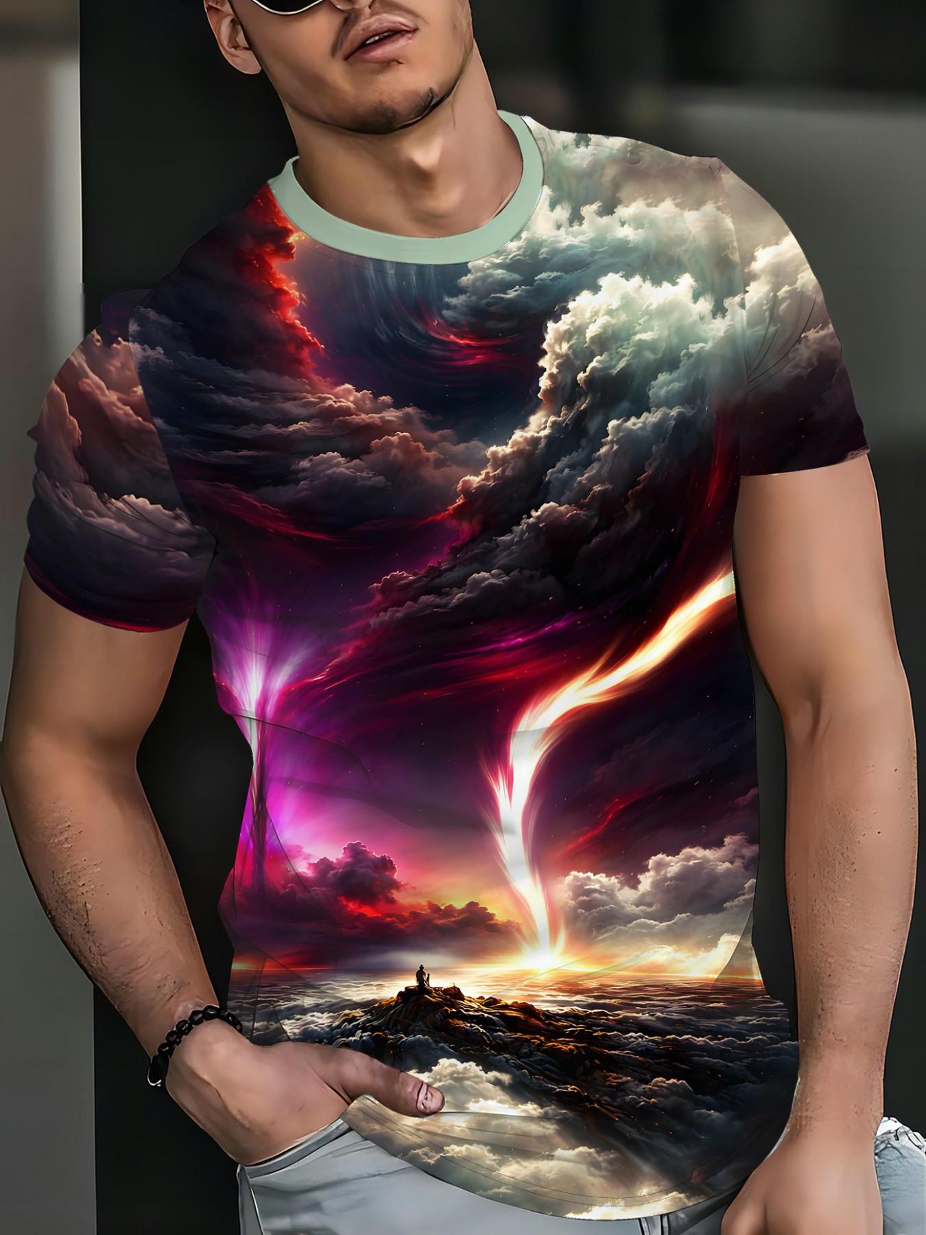 Unisex Vintage T-Shirt, Gradient Sunset Print, Loose Fit Short Sleeve, Casual Daily Wear, Outdoor Commute, Trendy Fashion