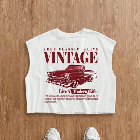 Men's Vintage Classic Car Print Sleeveless Top, Casual Crew Neck Tank Top, Suitable For Streetwear And Daily Wear