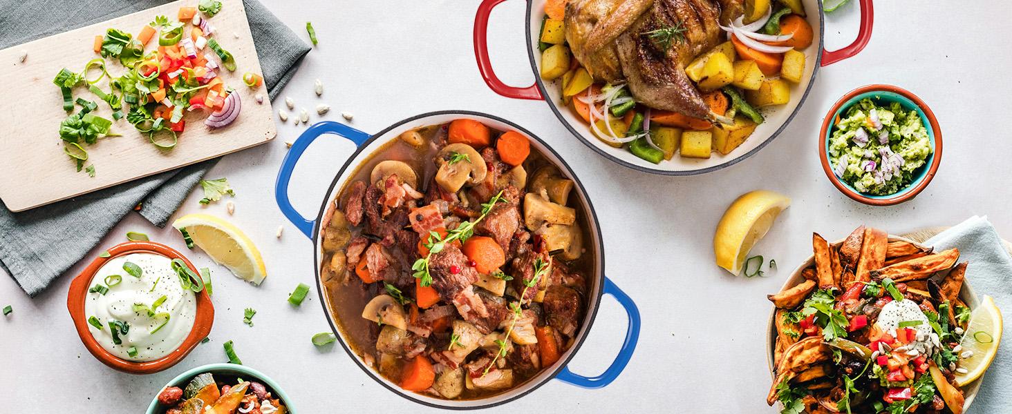 Kerilyn 3 Quart Enameled Shallow Cast Iron Dutch Oven with Lid, Dual Handles Dutch Pots for Cooking, Stewing, Heavy-Duty & Nonstick, Oven Safe up to 500° F, Works on All Stovetops, Dark Blue   dutch enamel stock