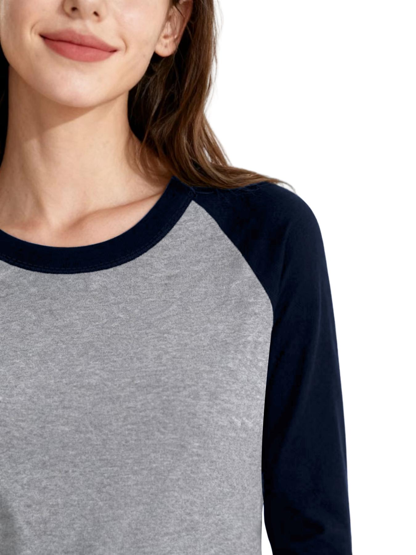 Women's Warm Thermal Underwear Top, Round Neck Long Sleeve Colorblock Drop Shoulder Fitted Shirt, Fall Winter Basic Layering Tee