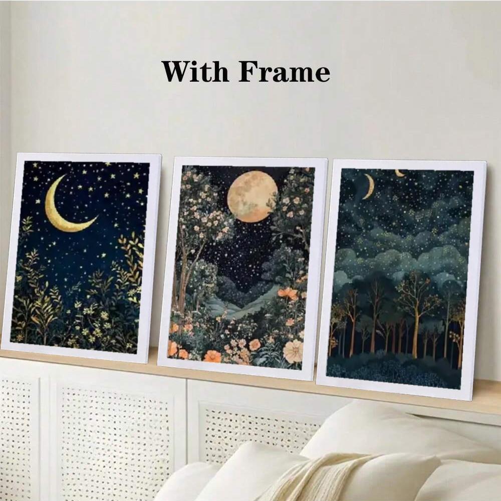 Optional Wooden Frame William Morris Artistic Canvas Art Prints Floral Boho Print 3pcs Gold Decor Decoration Moon Poster Night Sky Botanical Floral Wall Artwork for Bedroom