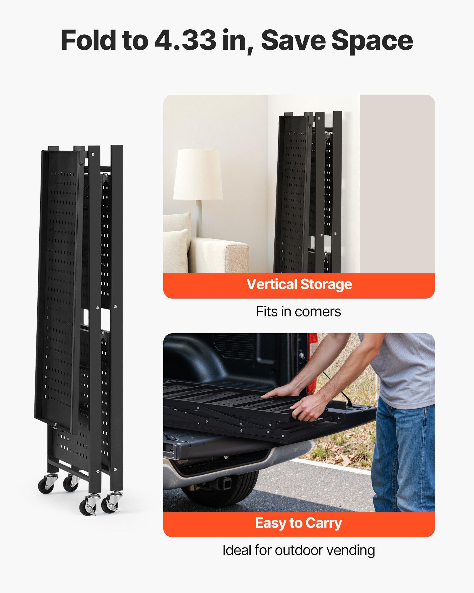 VEVOR 3-Tier Foldable Carbon Steel Storage Shelves, 13x28x36" Folding Metal Rack Unit, No-Assembly Organizer with 5 Wheels & 4 Hooks for Kitchen, Garage, Black VEVOR 3-Tier Foldable Carbon Steel Storage Shelves, 13x28x36" Folding Metal Rack Unit, No-Assembly Organizer with 5 Wheels & 4 Hooks for Kitchen, Garage, Black