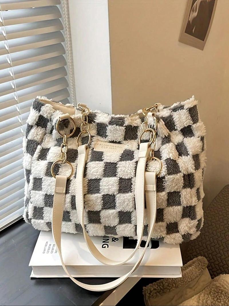 Women's Fashionable Plaid Pattern Tote Bag, Casual Large Capacity Shoulder Bag for Daily Used, Trendy All-match Bag for Commuters and Students