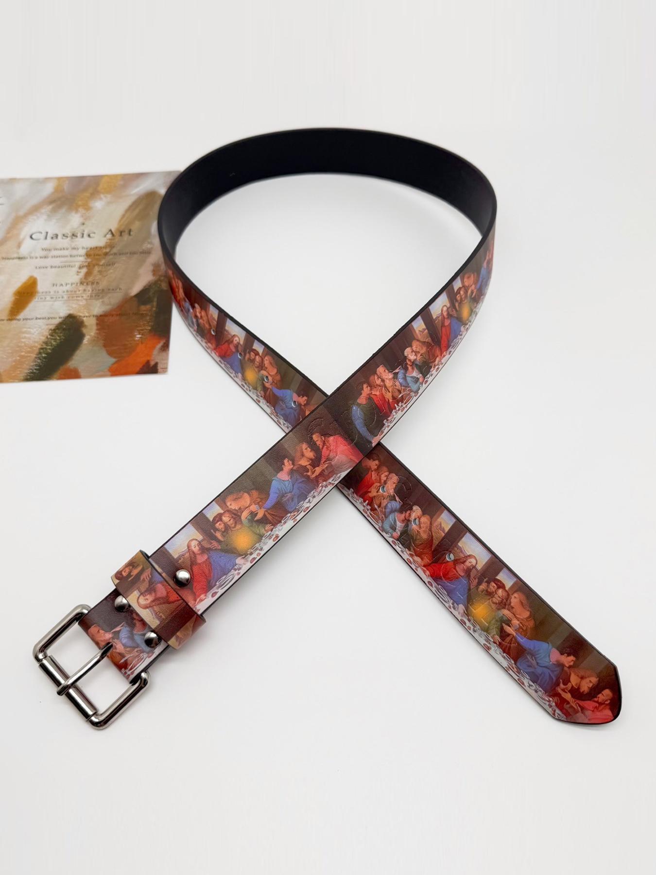 Women's Vintage  Leather Belts for Jeans Pants Fashion Trendy Exquisite Belt Ladies Belt with Silver Buckle & Oil Painting Print Street Style Belt Vintage Western Belt