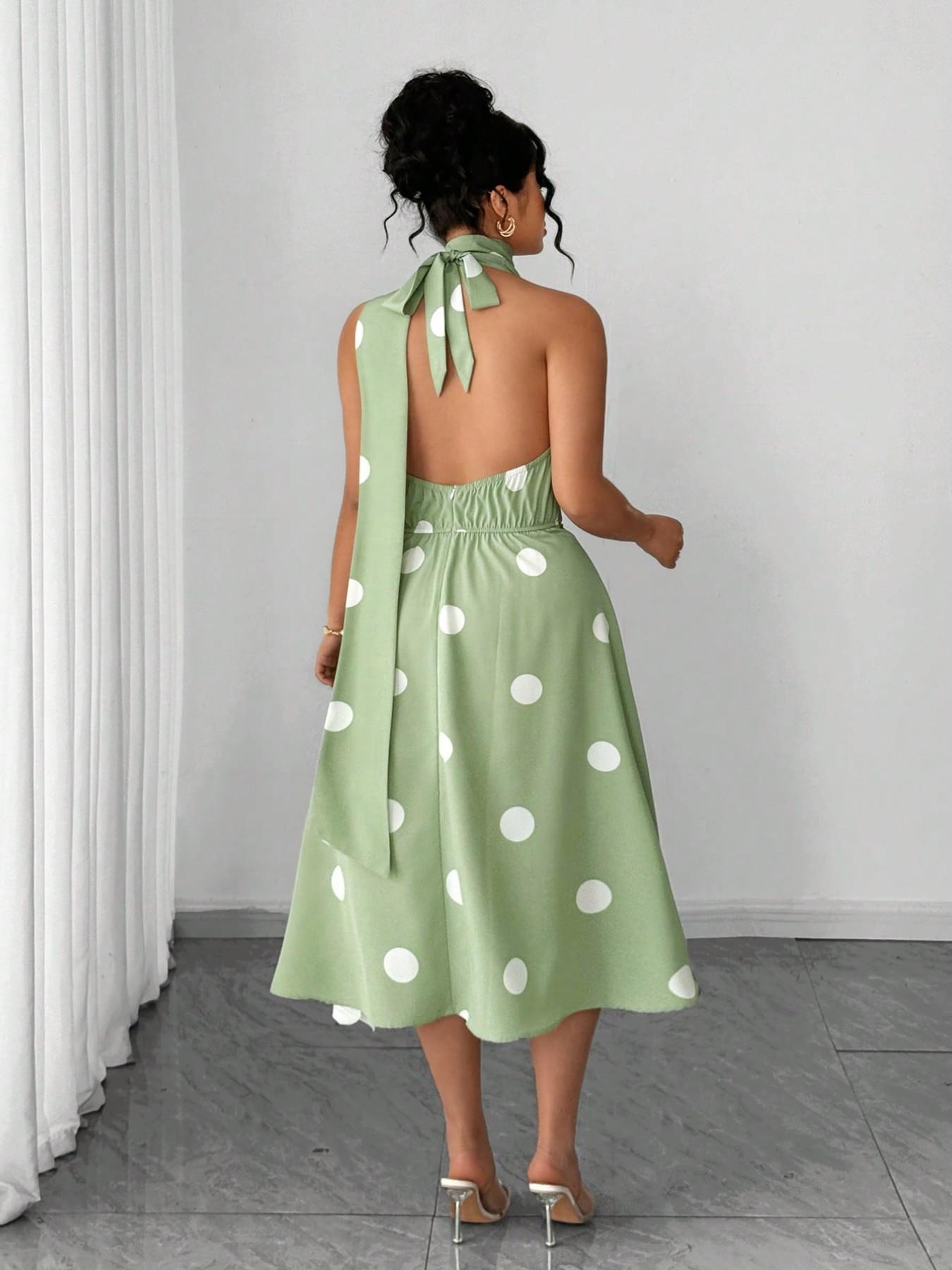 Plus Size Retro Polka Dot Halter Dress, Hepburn Style Waist Cinch Slimming Midi A-Line Dress, Vintage Fashion Women's Clothing, Casual Wear
