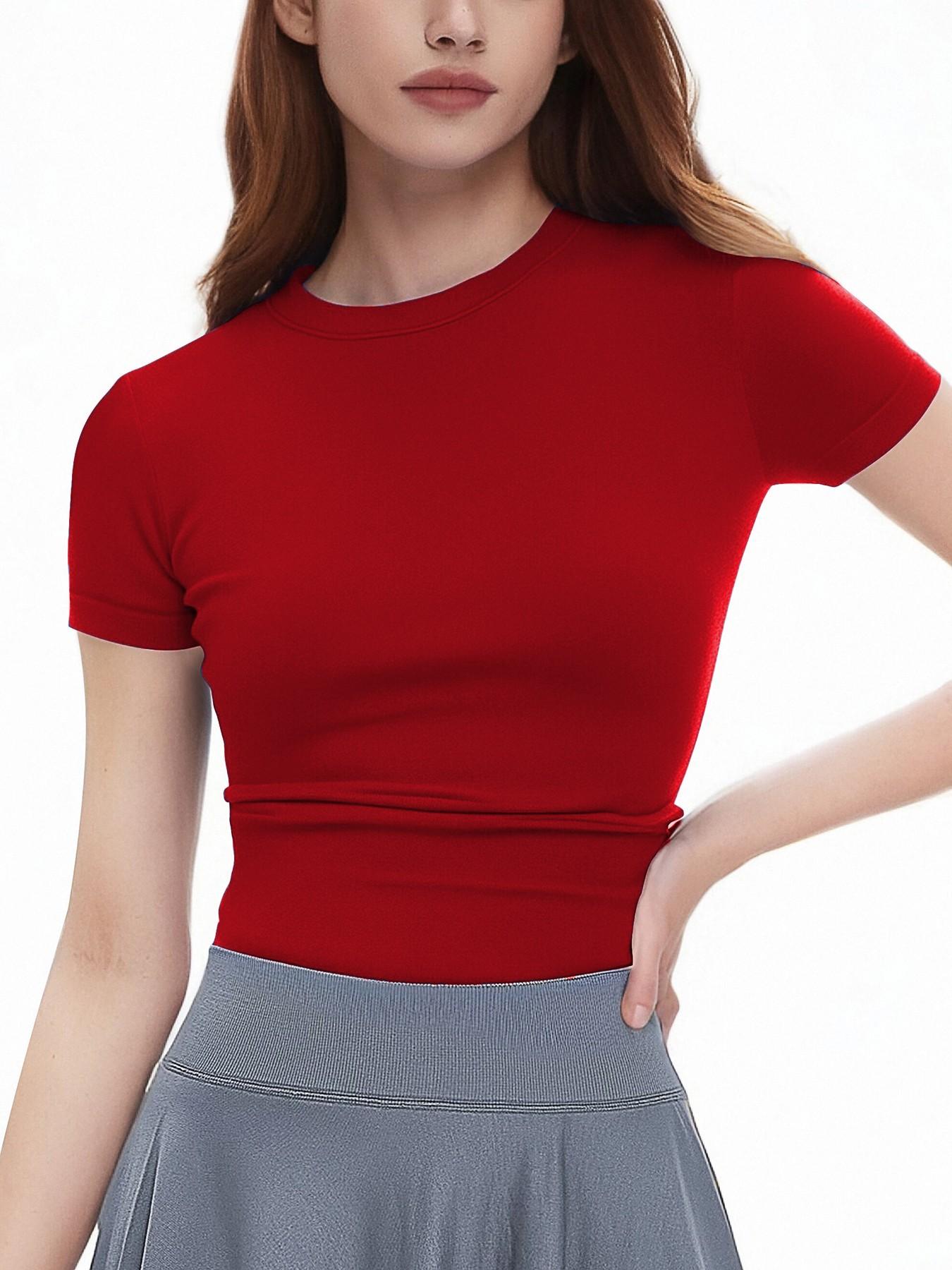 Women's Round Neck Short Sleeve Stretchy Soft Fitted Yoga Pilates Casual Wear, Comfortable Elastic Fabric Design, Ideal for Daily Use