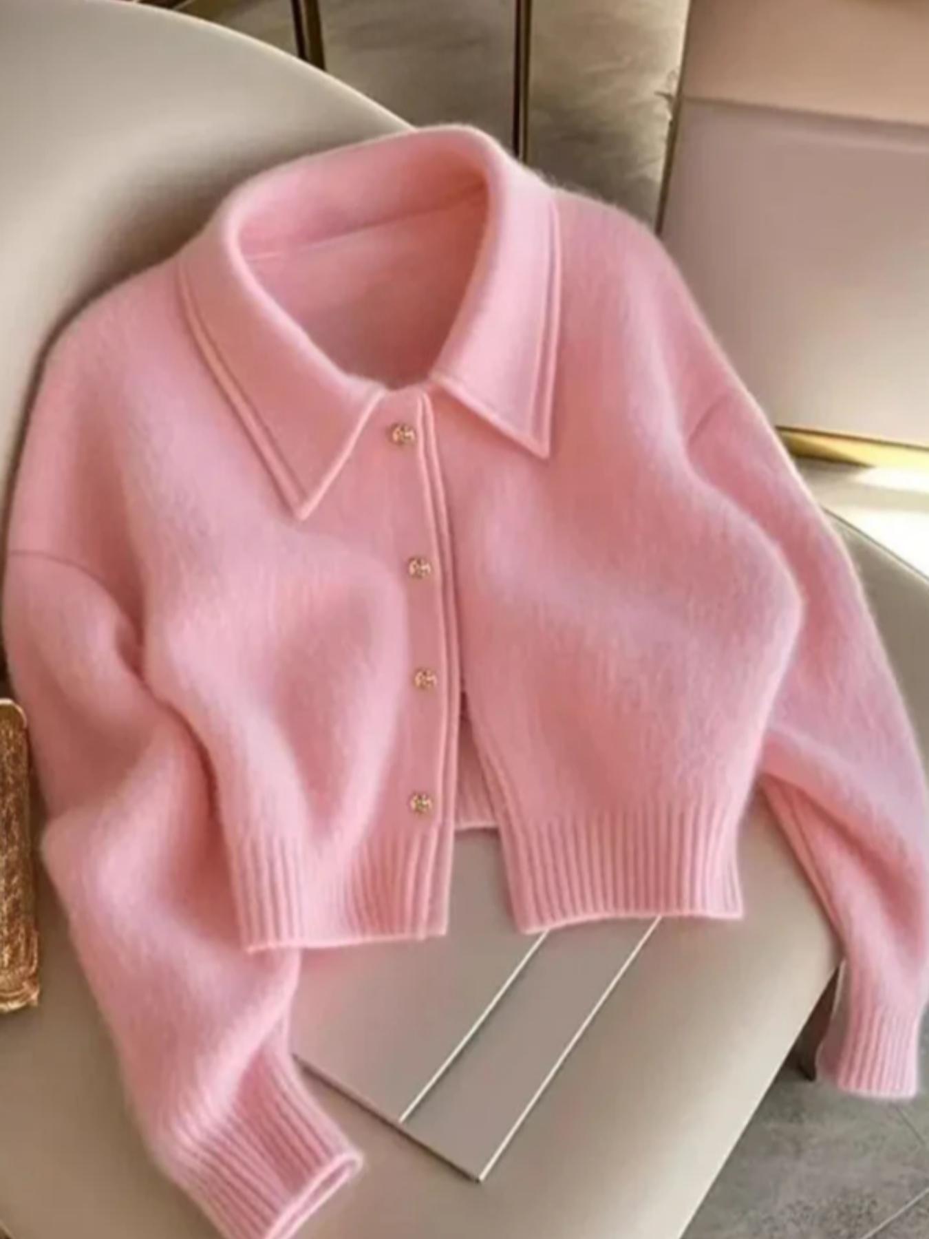 Elegant Women's Knit Cardigan, Short Sweater Coat, Lapel Collar, Ribbed Cuffs & Hem, Buttoned Design, Perfect for Fall & Winter