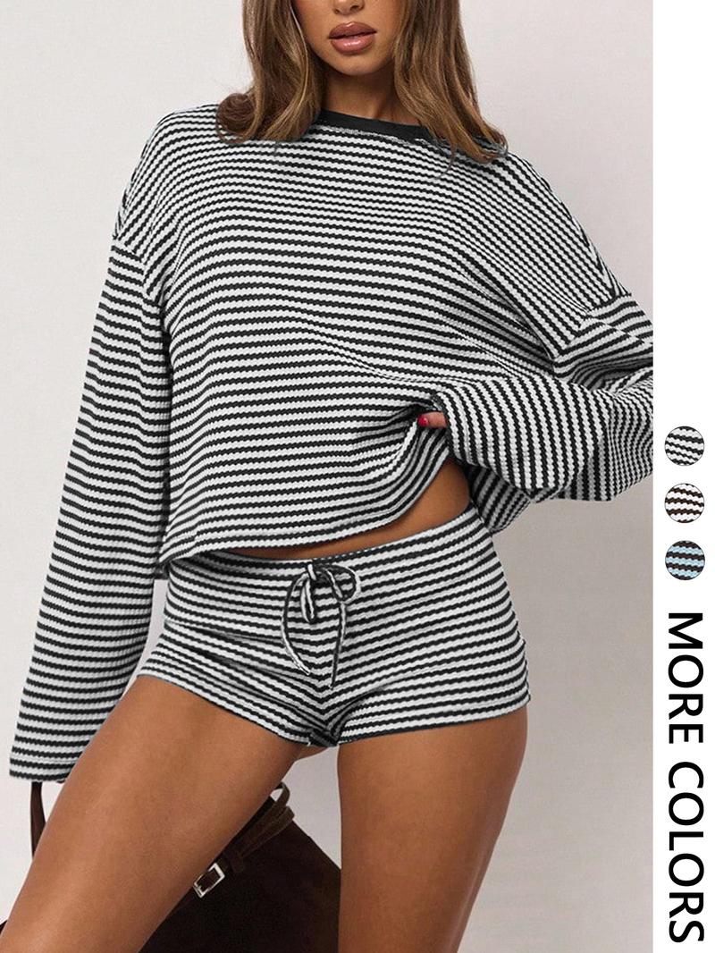 Women's Casual Striped Long Sleeve Top + Shorts Set, 2 Piece, Comfortable and Stylish, Perfect for Daily Wear