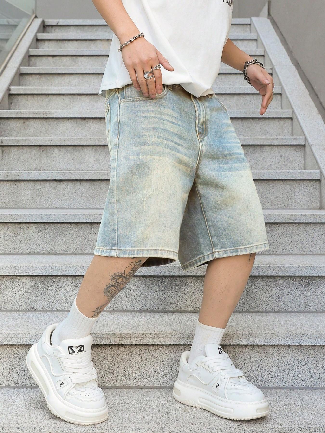 Men's Vintage Washed Classic Denim Shorts, Non-Elastic Straight Leg Fit, Simple Daily Wear Casual Pants, Loose-Fitting Short-Length Bottoms