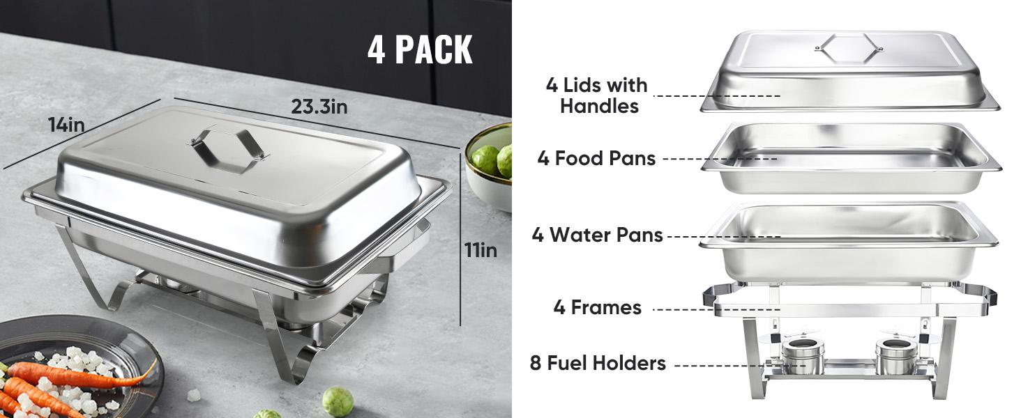Kerilyn 4 Packs 9QT Chafing Dishes for Buffet Set, Rectangular Stainless Steel Food Warmer Sets with Lids, Food Pans, Water Pan and Fuel Holders for Restaurant Catering Parties Weddings Serving Food Warmer & Chafers Servers Sets
