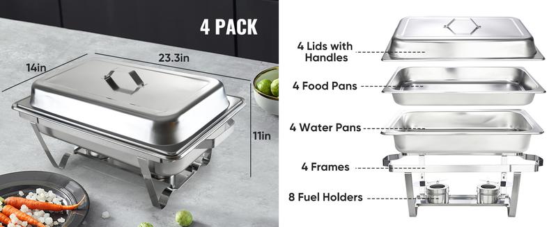 Kerilyn 4 Packs 9QT Chafing Dishes for Buffet Set, Rectangular Stainless Steel Food Warmer Sets with Lids, Food Pans, Water Pan and Fuel Holders for Restaurant Catering Parties Weddings Serving Food Warmer & Chafers Servers Sets