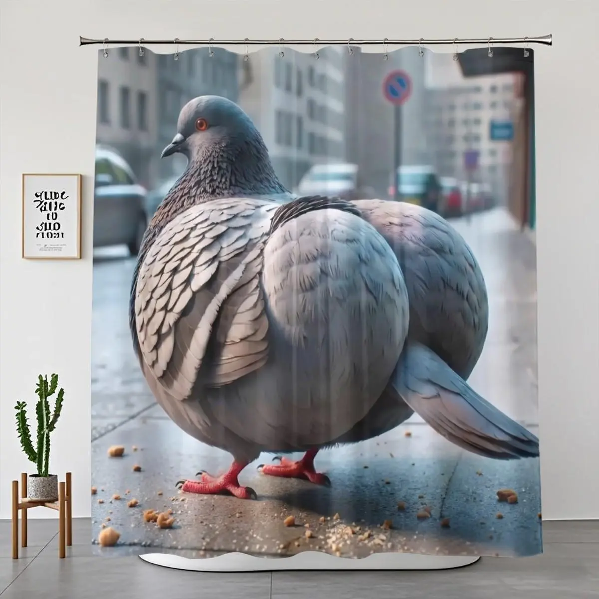 1/4pcs Funny Thicc Pigeon Meme Bathroom Shower Curtain and Mat Set, Novelty City Bird Decor And Accessories, includes 12 hooks, non-slip bathroom mat, toilet seat cover, Restroom, waterproof