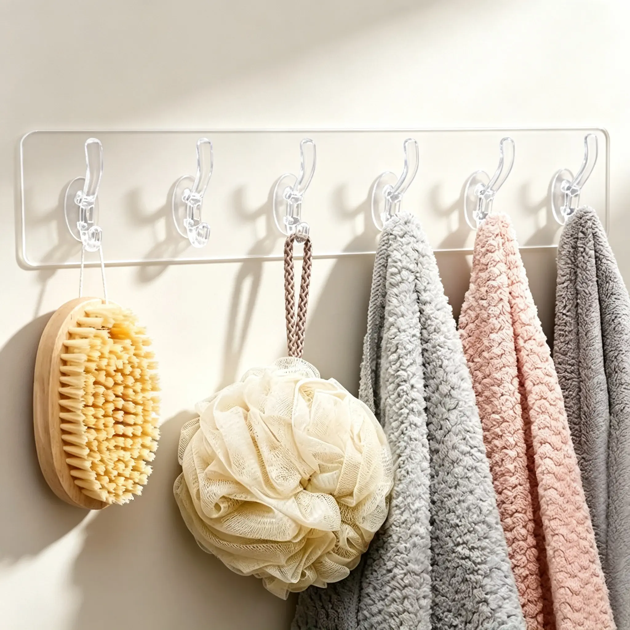 Clear 6-Hook Wall Mount Adhesive Towel Hooks, No-Drill Transparent Sticky Hook Strip for Coats, Hats and Bathroom Use