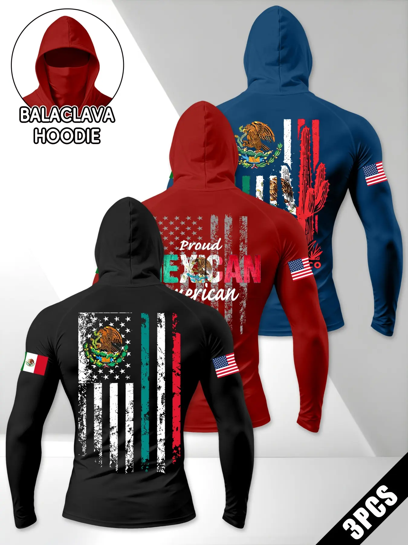Men's Long Sleeve Hooded Sportswear 3-Pack, Fashion American Ink Style Print, All-Season Fitness Wear, Casual Daily Use, Comfortable and Stylish Design