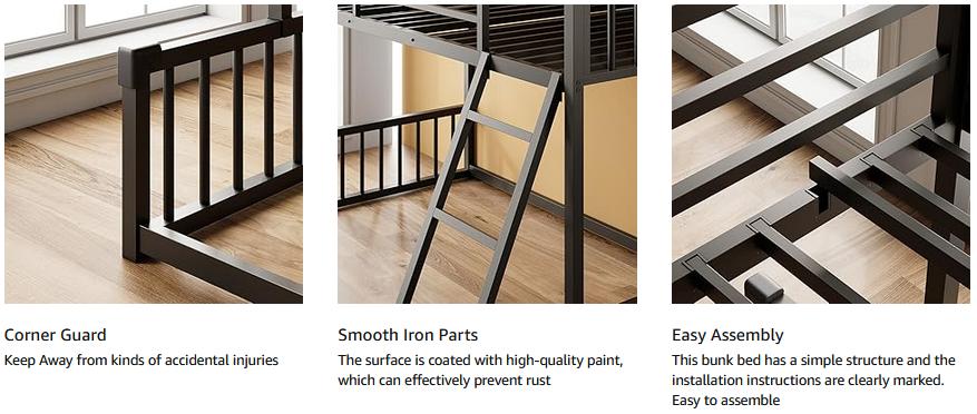 LIKIMIO Bunk Bed Twin XL Over Twin XL, Metal Bunk Bed Frame with Ladder and Guardrail, House Shaped with Metal Slats for Dormitory and Bedroom, Space Saving, No Box Spring Needed