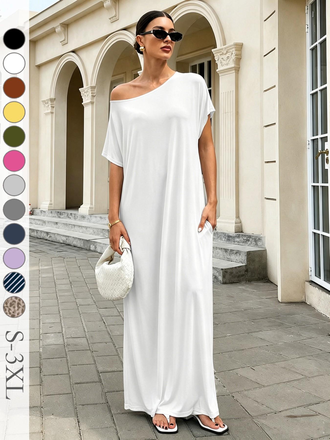 Women's Casual Boho Chic Loose Long T-Shirt Dress, Striped Short Sleeve One-Shoulder Sleepwear with Pockets, Comfortable Fit for Daily, Beach and Vacation Wear Boho Fashion