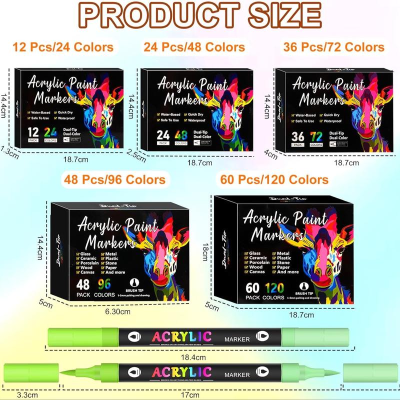 Acrylic Paint Markers, 24/48/72/96/120 Colors, Dual Tips Dual Color, for Rock Painting, Canvas, Wood, Glass, Ceramic, Fabric, Plastic, Egg & Scrapbook