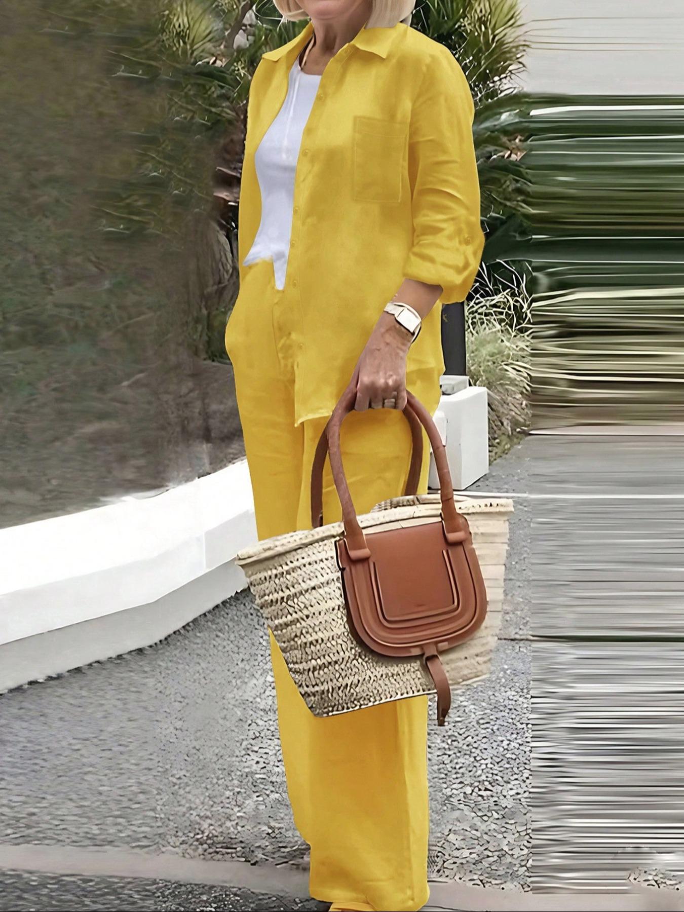 Spring Summer Fall Polo Neck Casual Cardigan Set, Slimming Pure Color Elegant Shirt Top, Vacation Commute Comfort Soft Fabric Pants Two-Piece Suit