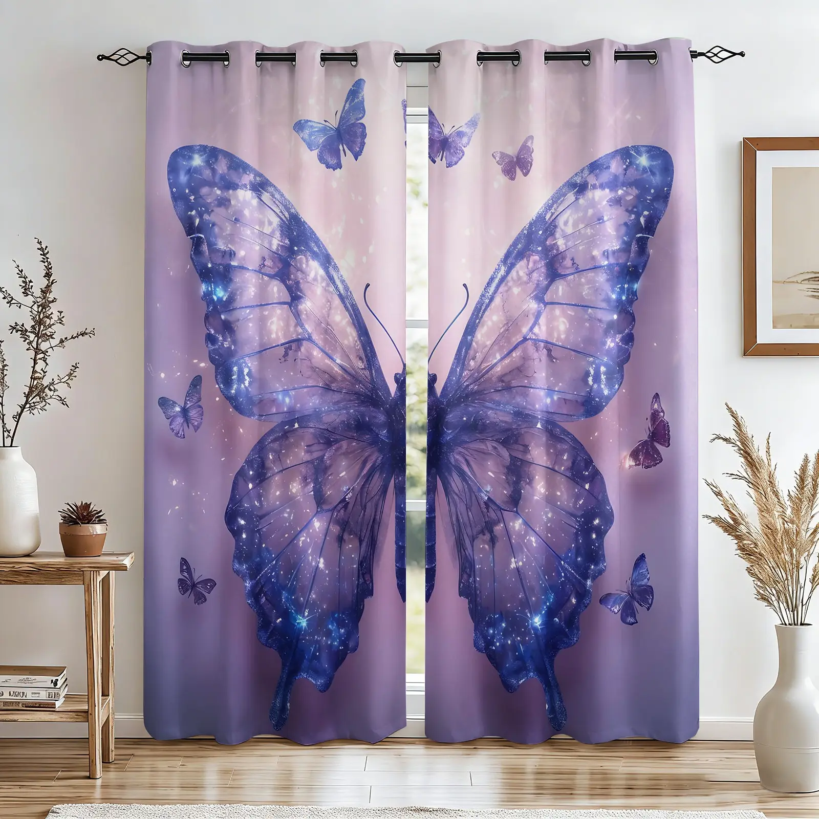2 Panels Purple Galaxy Butterfly Print Curtains, Dreamy Glitter Purple Wings, Light Blocking Curtains for Teens & Girls Bedroom, Fairy Aesthetic Style Room Decor, Perfect for Trendy Home