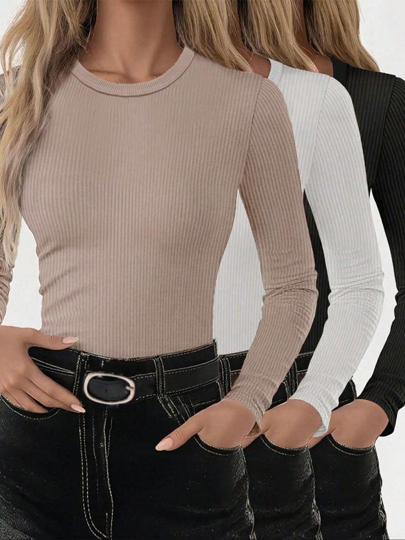 Women's Casual Slim-Fit Long Sleeve T-Shirts, 3-Pack Plain Ribbed Round Neck Tops, Medium Stretch, Perfect for Spring & Fall