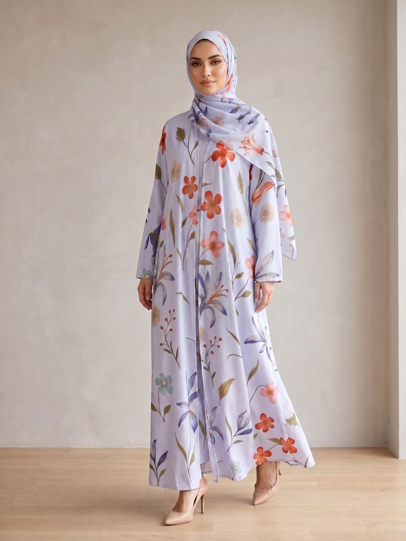 Muslim Women's Abaya Set with Hijab, Modest Muslim Outfits, Elegant Simple Floral Print Long Robe Jacket, Casual Party Beachwear, Elegant Islamic Clothing, All Seasons Wear