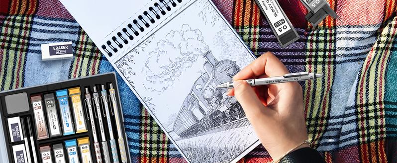 Nicpro 4 Pack Blocky Gear 0.3, 0.5, 0.7, 0.9 mm Metal Mechanical Pencils Set with Case, Lead Drafting Pencil with 8 Tube Lead Refills(HB 2B), Erasers, Eraser Refills for Art Writing Sketching Drawing