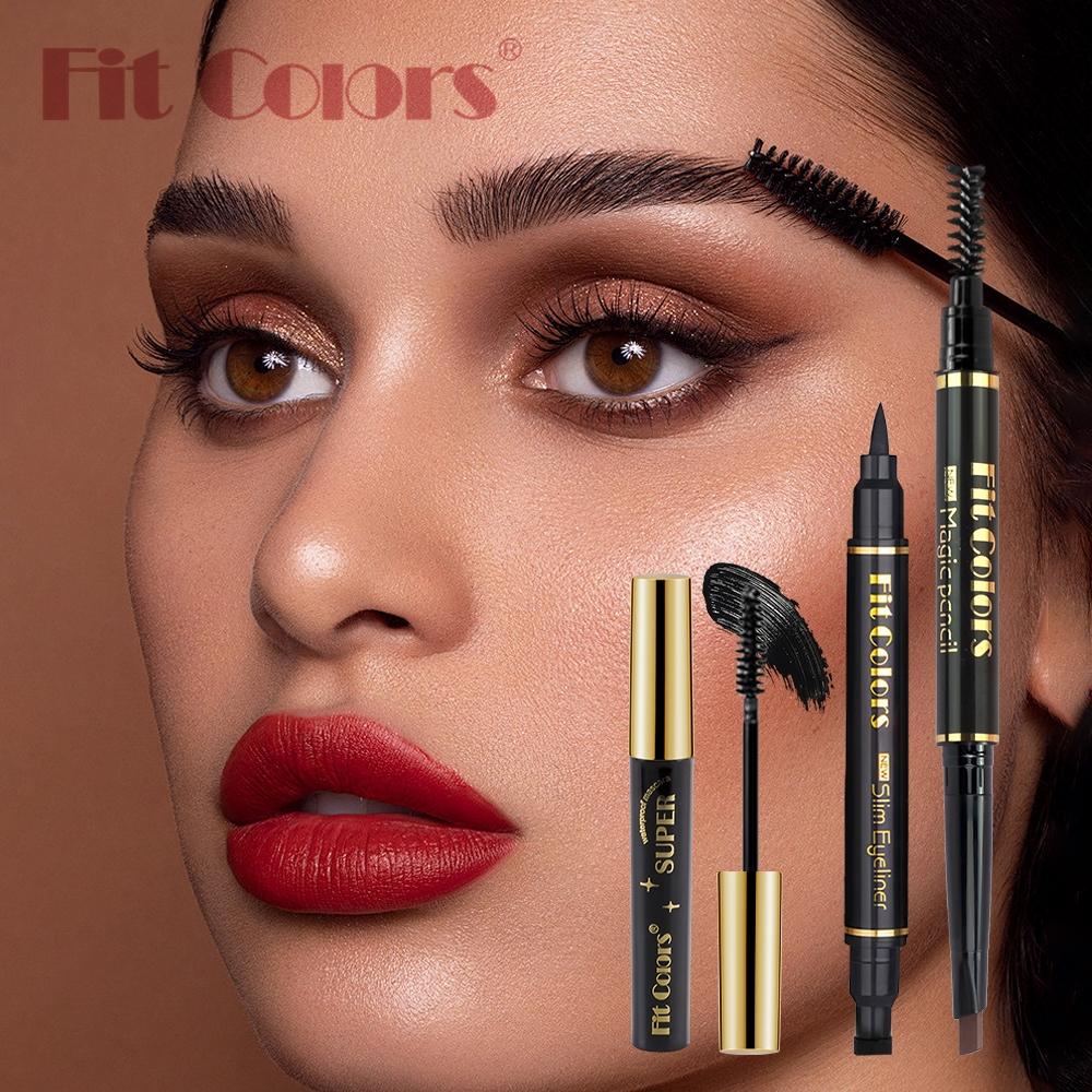 Fit Colors Eyelash Mascara Eye Liner Brow Pen Set, Long Curl Natural Look, Perfect Gift for Eyes, Beauty Essentials Kit