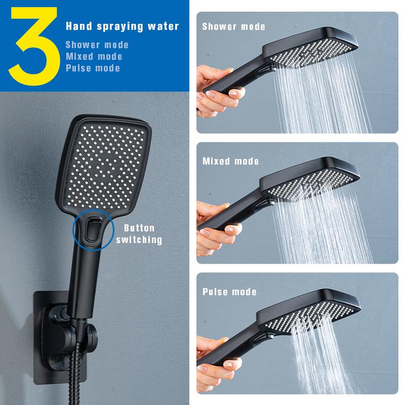 11.8'' high-pressure overhead shower provides full-body coverage. Comes with a 3-setting handheld shower head, a 59-inch stainless steel hose, a diverter, an adjustable extension arm, a shower holder, leak-proof washers, PTFE tape, bathroom accessories.