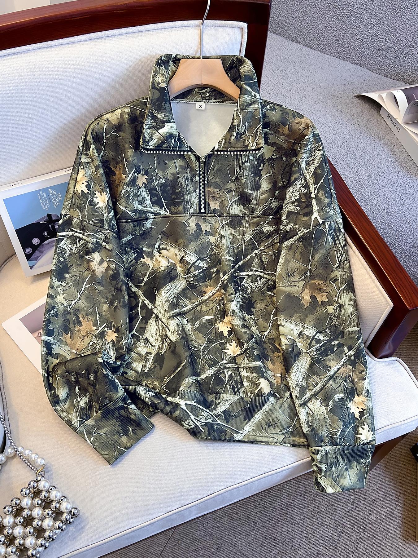 Women's Camo Printed Half-Zip Collared Hoodie, Casual Long Sleeve Loose Fit Top, Outdoor Fashion Fall & Winter Clothing