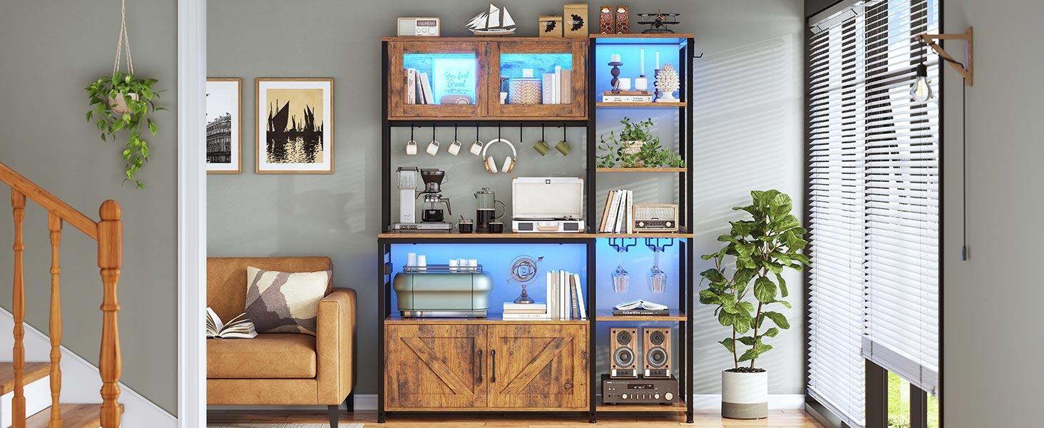 Sikaic 45.3 Inches Farmhouse Coffee Bar Bakers Rack with Power Outlet and LED Light Cabinet Kitchen with Storage Organiser Cup Holders Furniture Stand