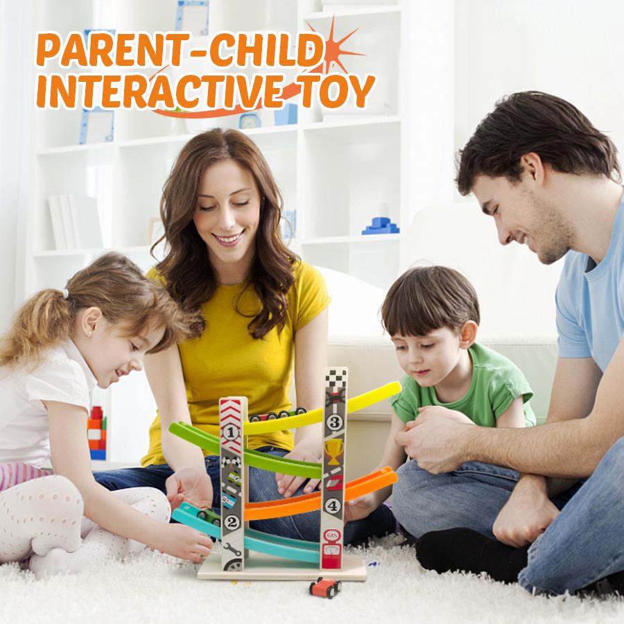 EDUTREE Toddler Toys Wooden Car Ramp Racer Toy Vehicle Set with 7 Tracks Mini Cars Race Tracks Montessori Inspired Gift for Boys Girls Play Playset Tricycle