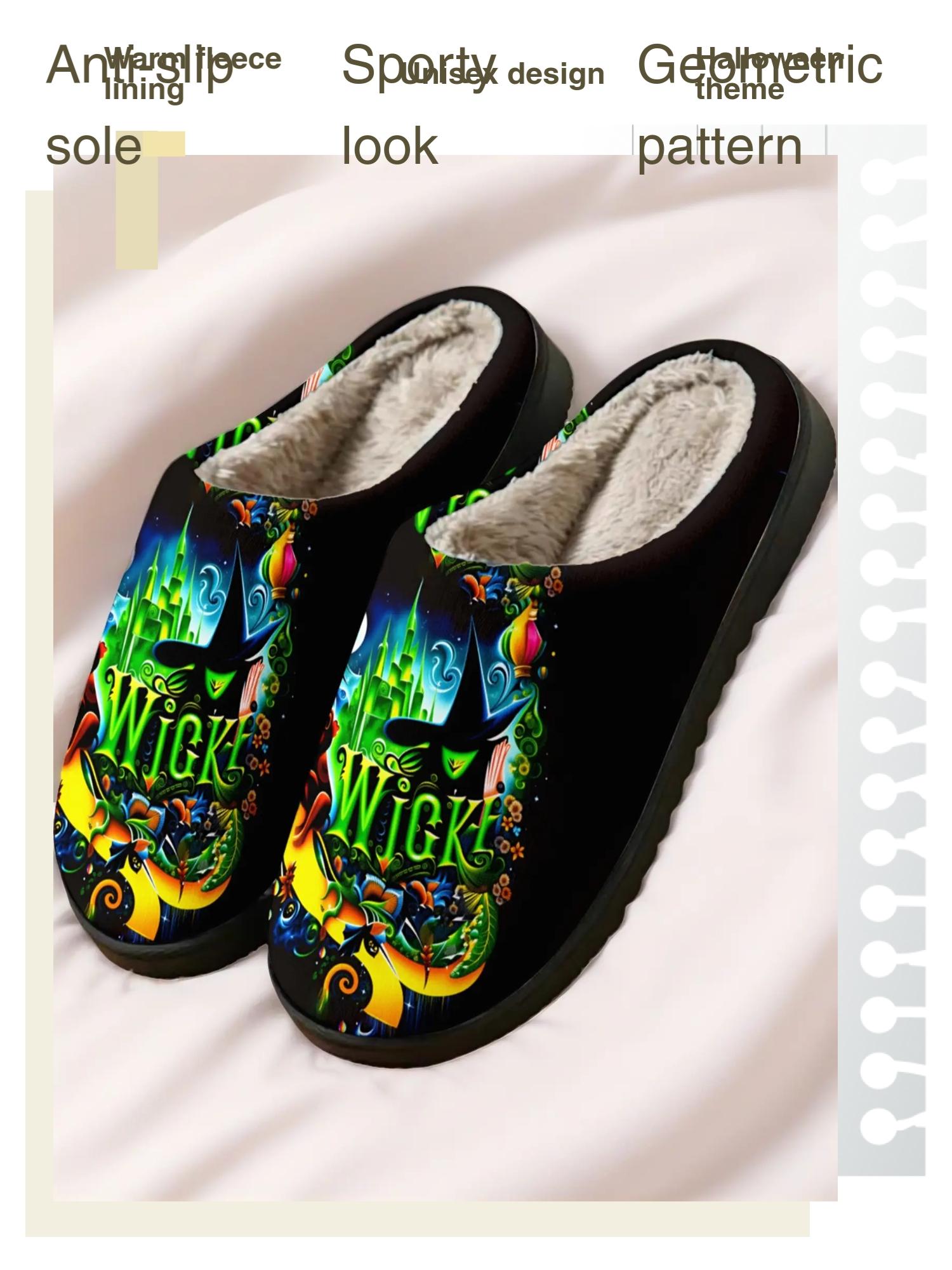 Halloween Graphic Plush Slippers 1 Pair | Dark Art Style | Warm Fleece Lined Anti-Slip Sole | Unisex Cozy Indoor Winter Wear