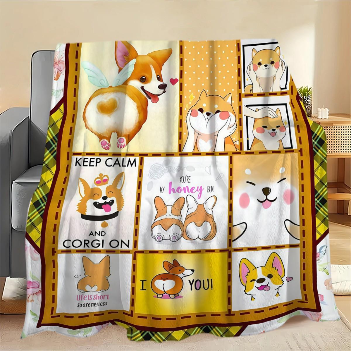 Cute Corgi Patchwork Flannel Blanket, Multifunctional Camping Travel Throw, Room Decoration Blanket, All Seasons Gift Blanket