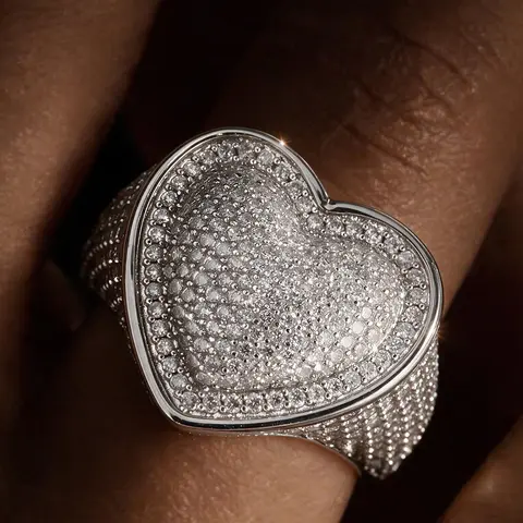 Iced Out Heart Shaped Cubic Zirconia Eternity Ring, Heart Design Ring, Bling Hip Hop Band Jewelry for Men Women, Valentine's Day Gift