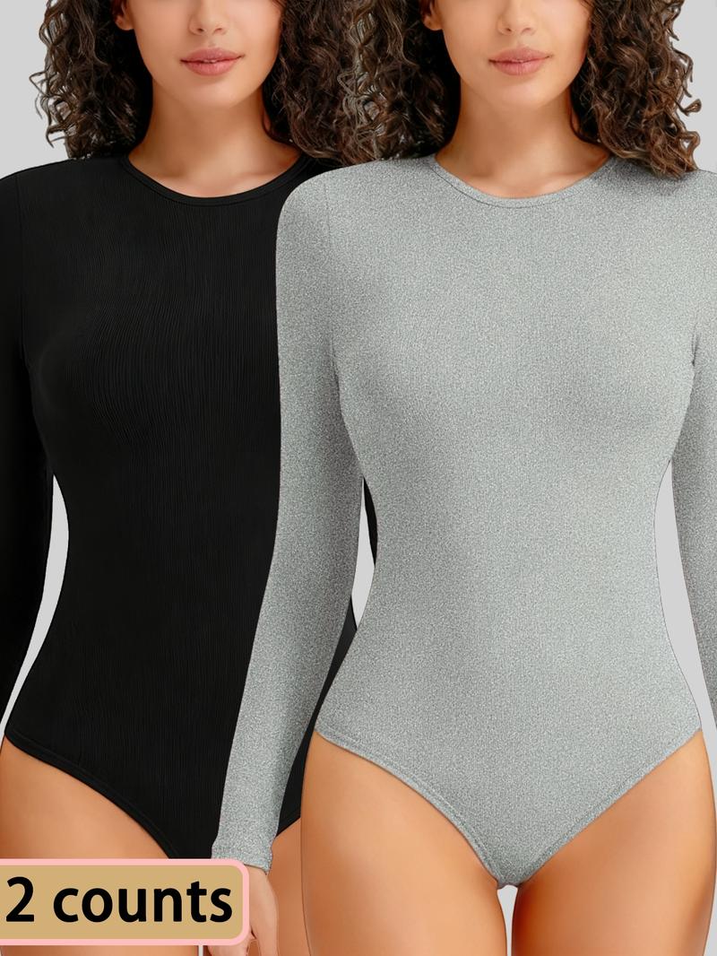 1/2 Counts Women's Solid Round Neck Shapewea Bodysuit,Casual Comfort Long Sleeve Slimming Bodysuit,Lady Tops for Spring&Fall,Womenswear，Women's Stylish Thermal Long Sleeve Bodysuit for Going Out Tops，Fabric Comfortable, Belly Control Bodysuit