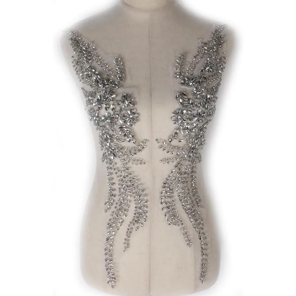 Silver Beaded Rhinestones Applique for Prom Dresses,Large Bcodice Applique,Sparkling Bridal Gown Embellishment(23.6 * 4 inche) by Pair(2 Pieces)