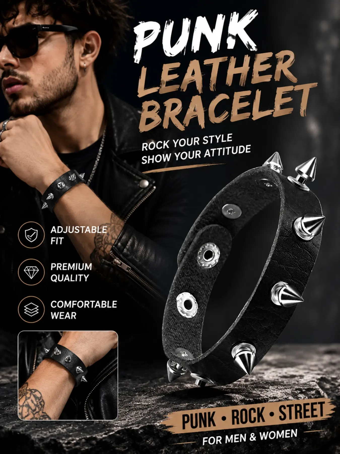 1/9 Pieces Spiked Studded Bracelet, Leather Rivet Punk Cuff, Snap Button Metal Wristband, Unisex Accessory for All Seasons