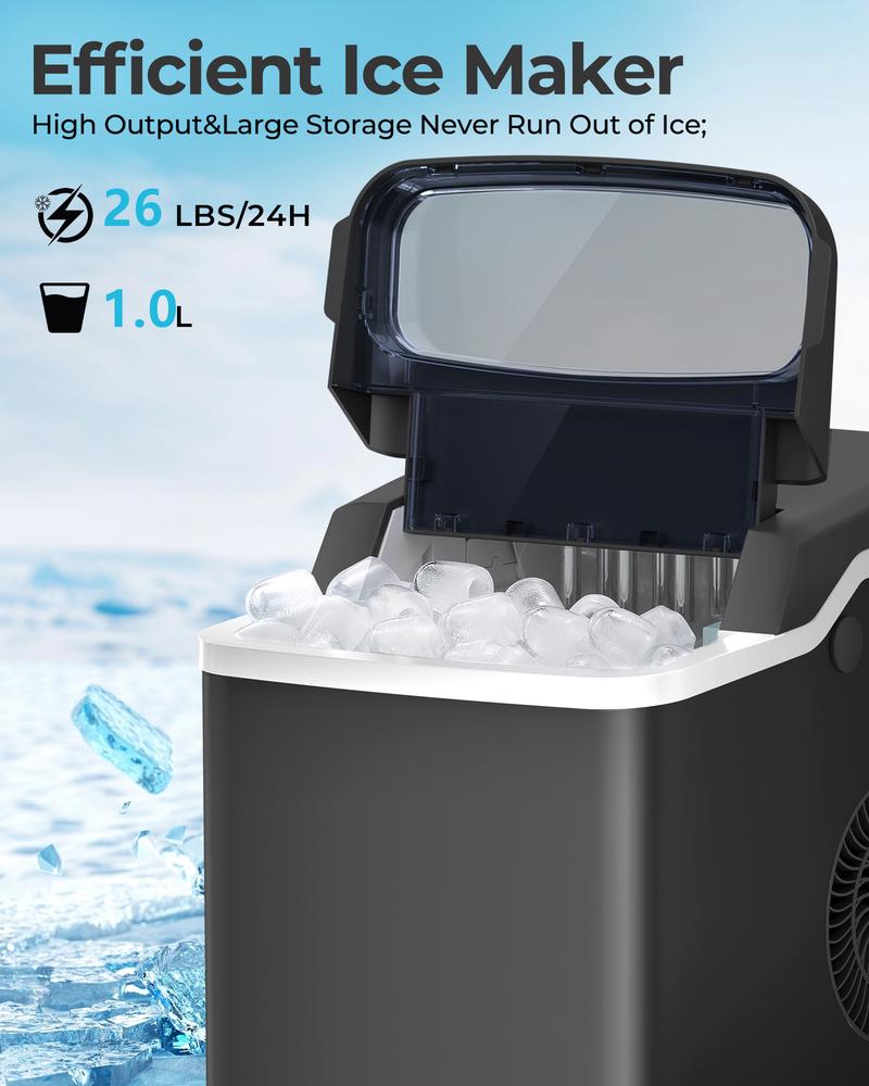 Ice Makers Countertop, 26.5lbs/24H, 9 Bullet Ice Cubes in 6 Mins, Self-Cleaning Ice Makers with Basket and Scoop, 2 Sizes of Bullet Ice