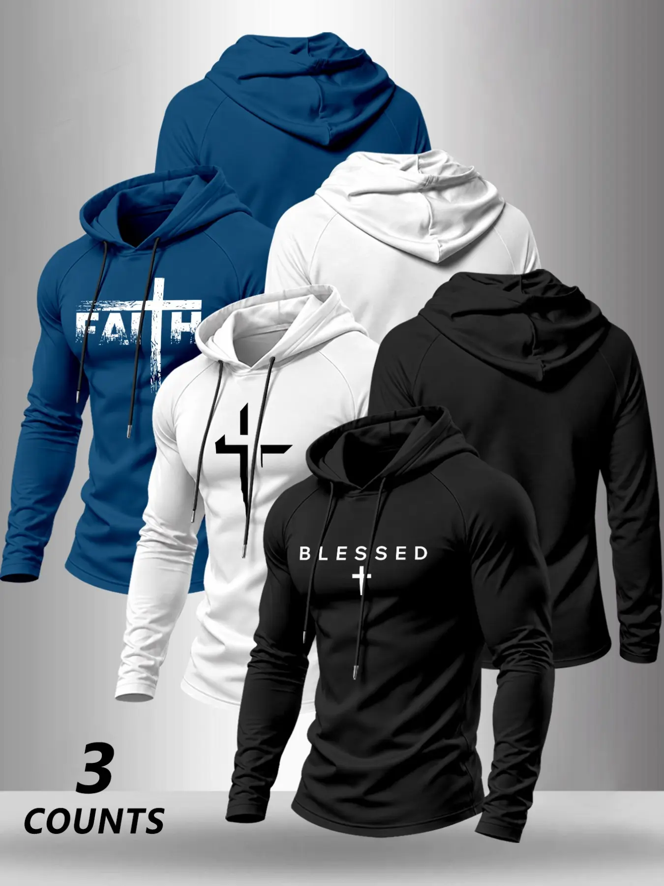 3 Pack Men Hooded Long Sleeve Tees, Faith Inspired Graphic Prints, Raglan Cut Slim Pullover, Lightweight Athletic Top for Gym & Daily Street Style #MensWorkoutShirt #StreetwearMen #HoodedTee