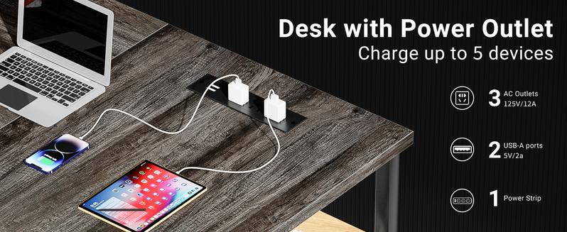 Homieasy Reversible L Shaped Gaming Desk with Power Outlets and USB Charging Ports, Sturdy Computer Desk with Storage Shelf, Modern Corner Desk Home Office Table, Easy to Assemble