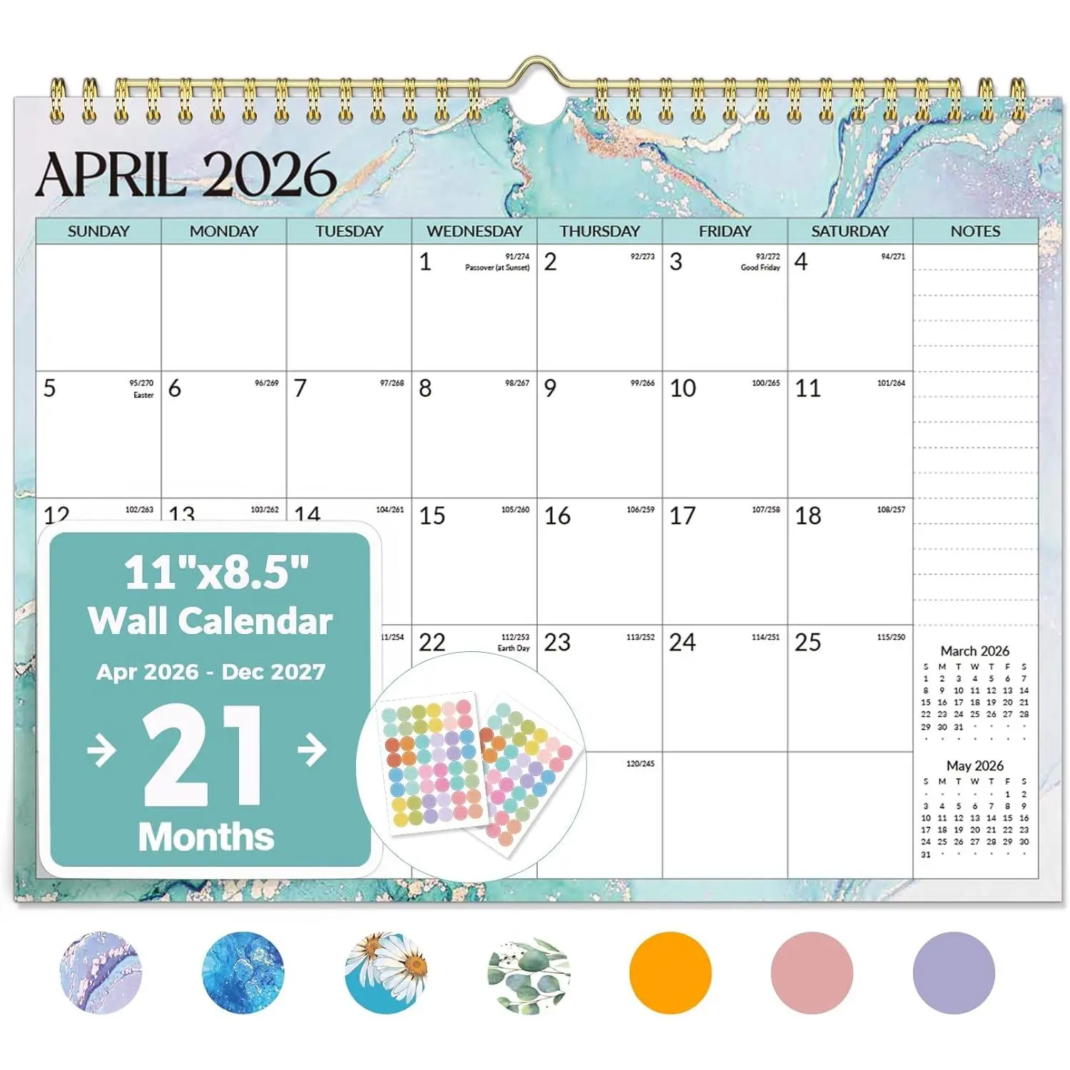 Calendar 2026-2027, Jul 2026-Dec 2027, 21-Month, 11" x 8.5" | Monthly Planner Calendars with Notes Section & Cute Stickers, Unruled Block, Spiral Binding  for  Office