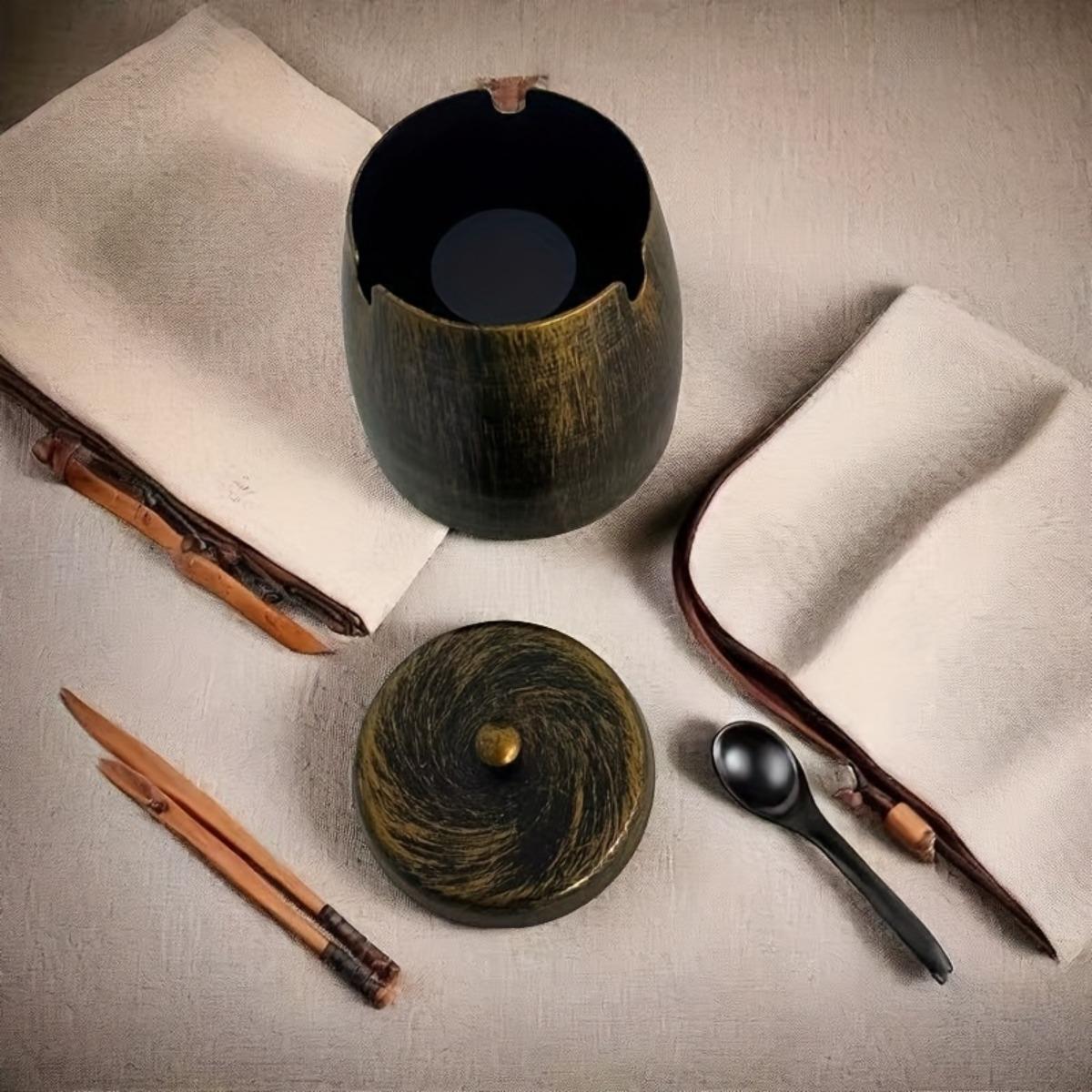 Round Iron Outdoor Ashtray with Lid, Windproof Rainproof Anti Ash Scatter Cigar Ashtray, Tabletop Ash Tray with Non Slip Base, Great for Home Office Balcony Patio Coffee Table Decor, Battery Free Use