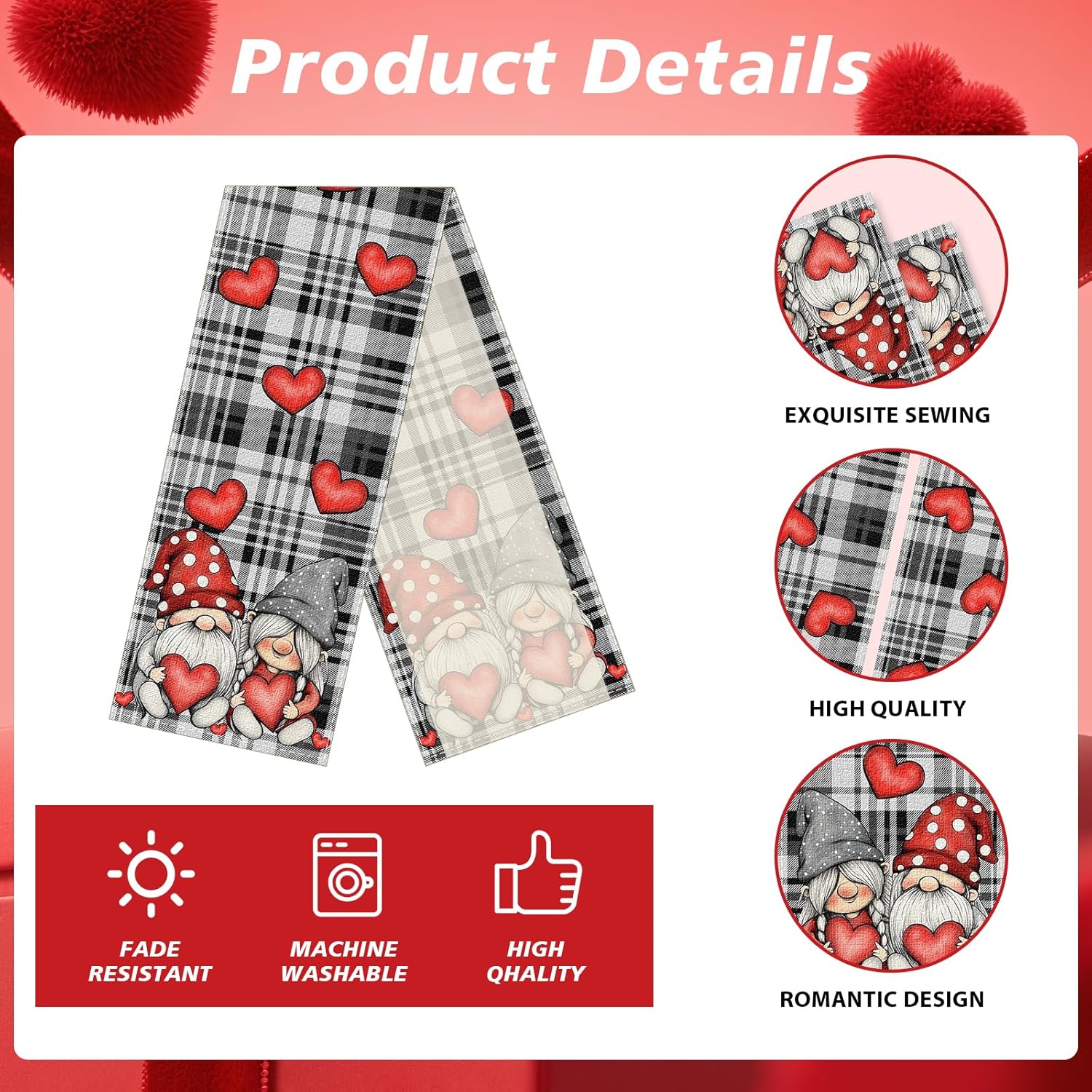 Linen Valentine's Day Table Runner with , 13x72 Inch Buffalo Check Hearts Decor, for Wife, Anniversary, Wedding, or Spring Linen Valentine's Day Table Runner with , 13x72 Inch Buffalo Check Hearts Decor, for Wife, Anniversary, Wedding, or Spring