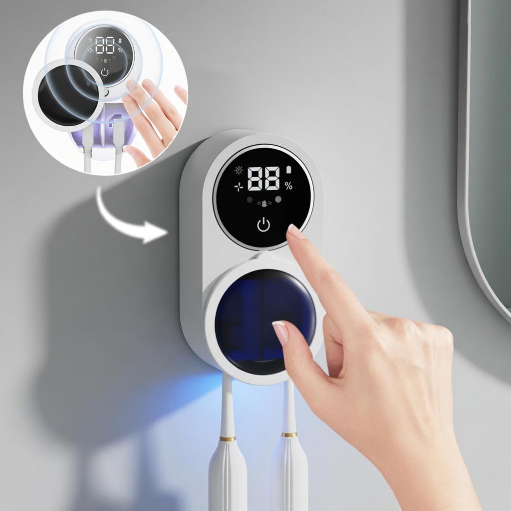 UV-C Light Sanitizing Wall-Mount Toothbrush Holder, Compact & Lightweight Durable ABS Bathroom Accessory with USB Charging Stand, Auto Sense, Rechargeable LED Screen, Automatic Dispenser, Portable for Travelers, Sanitizes Brushes