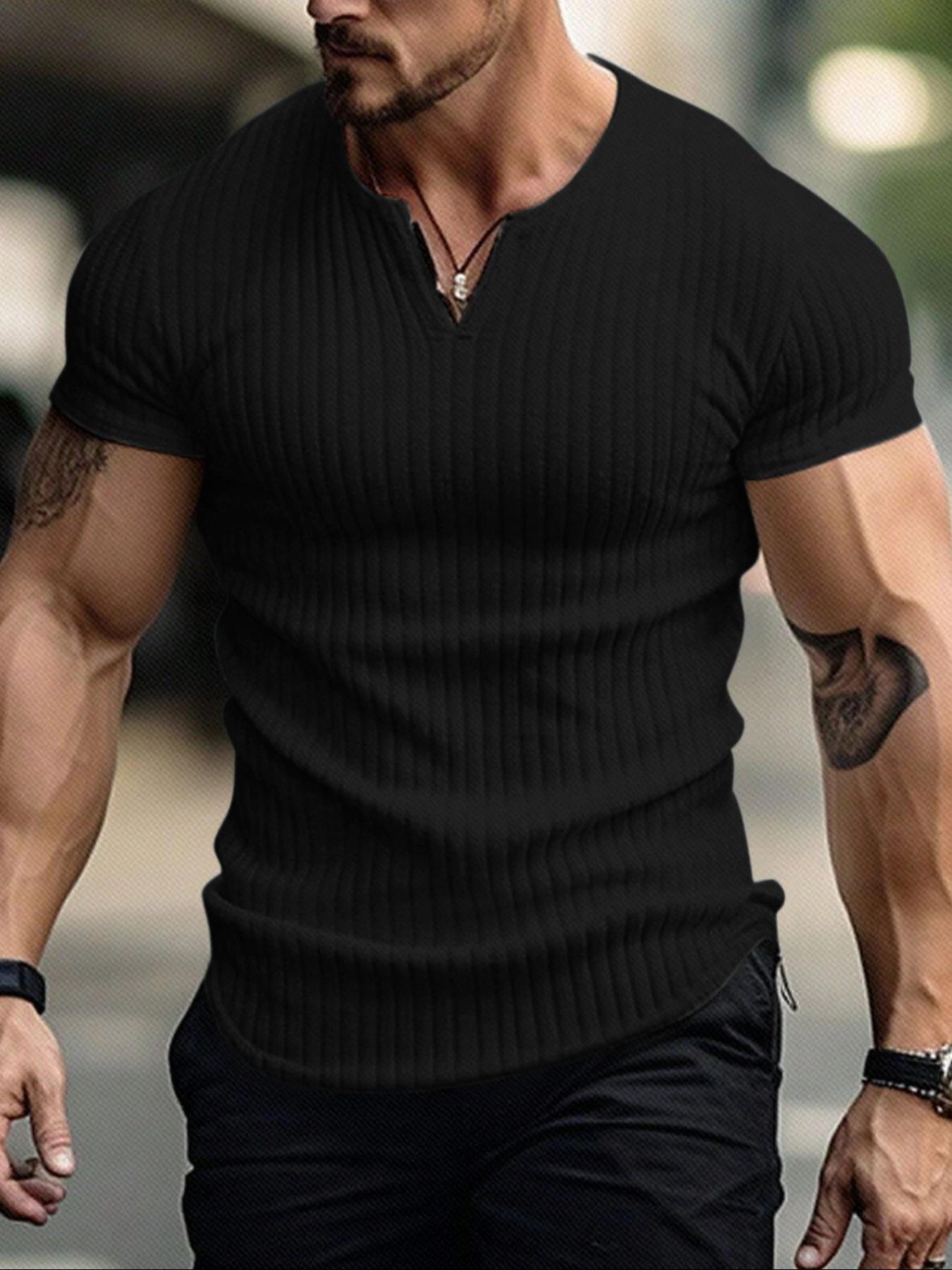 Men's Spring Summer Outfits Vertical Striped Textured V-Neck Short Sleeve T-Shirt for Daliy Wear, Gym Wear Solid Color Old Money Style, Casual Sporty Essential for Man's Wardrobe.