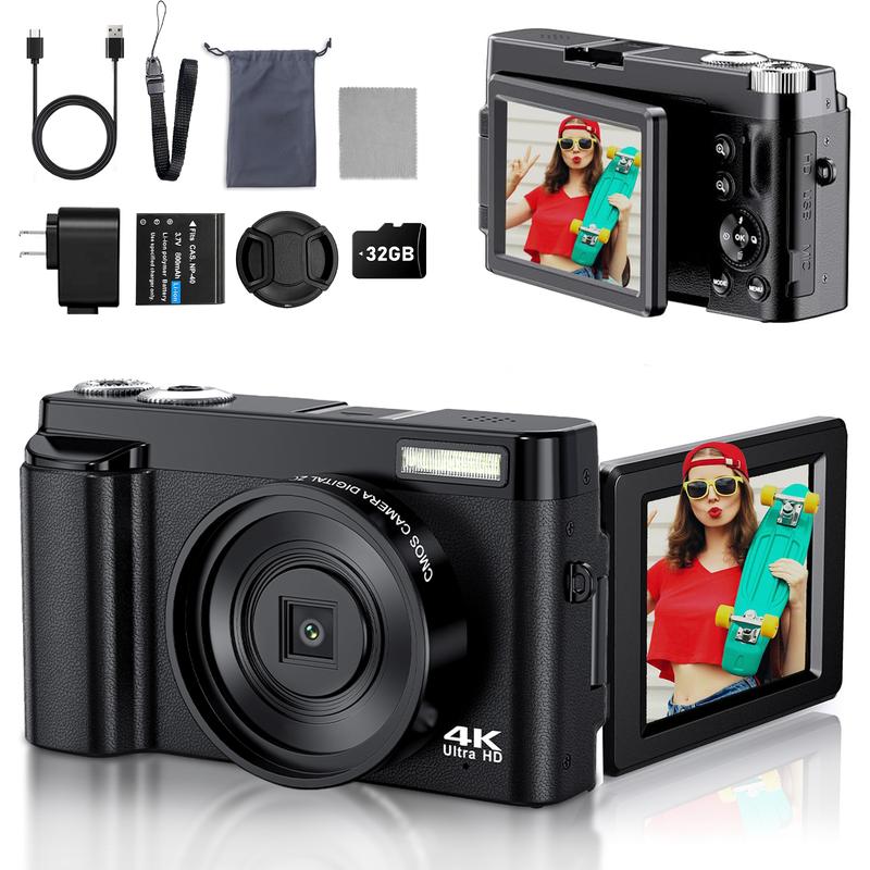 4K HD Digital Camera, 48 Megapixel HD Camcorder with 16x Zoom, Autofocus 4K Camcorder with 32GB SD Card, Compact Camcorder for Teens Adult, Vlogging Camera, Flip Screen Camera