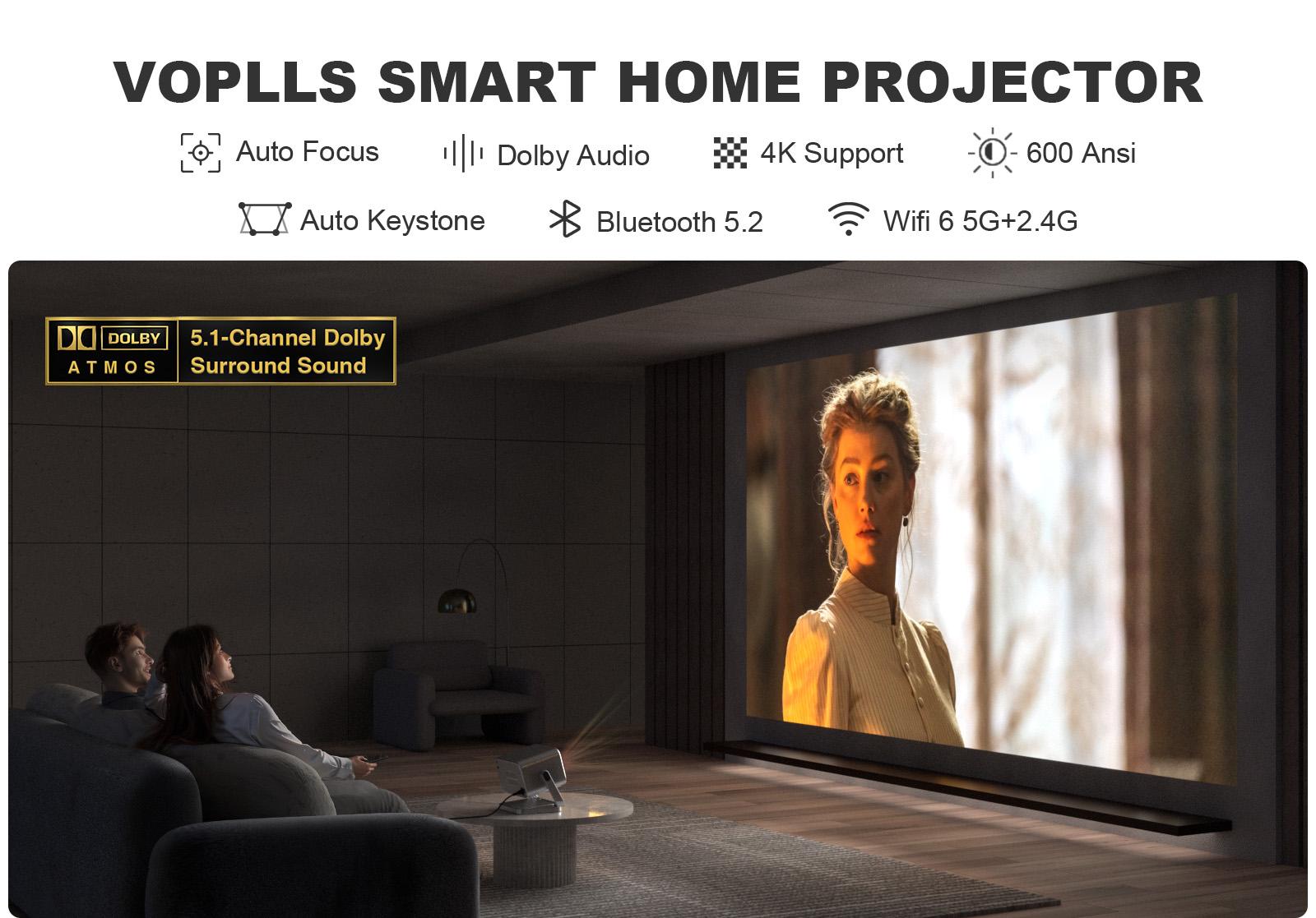 Proiettore VOPLLS 4K 1080P Con Netflix Ufficiale – Autofocus, Keystone 6D, WiFi 6, Bluetooth 5.2, Dolby Audio, 25000LM