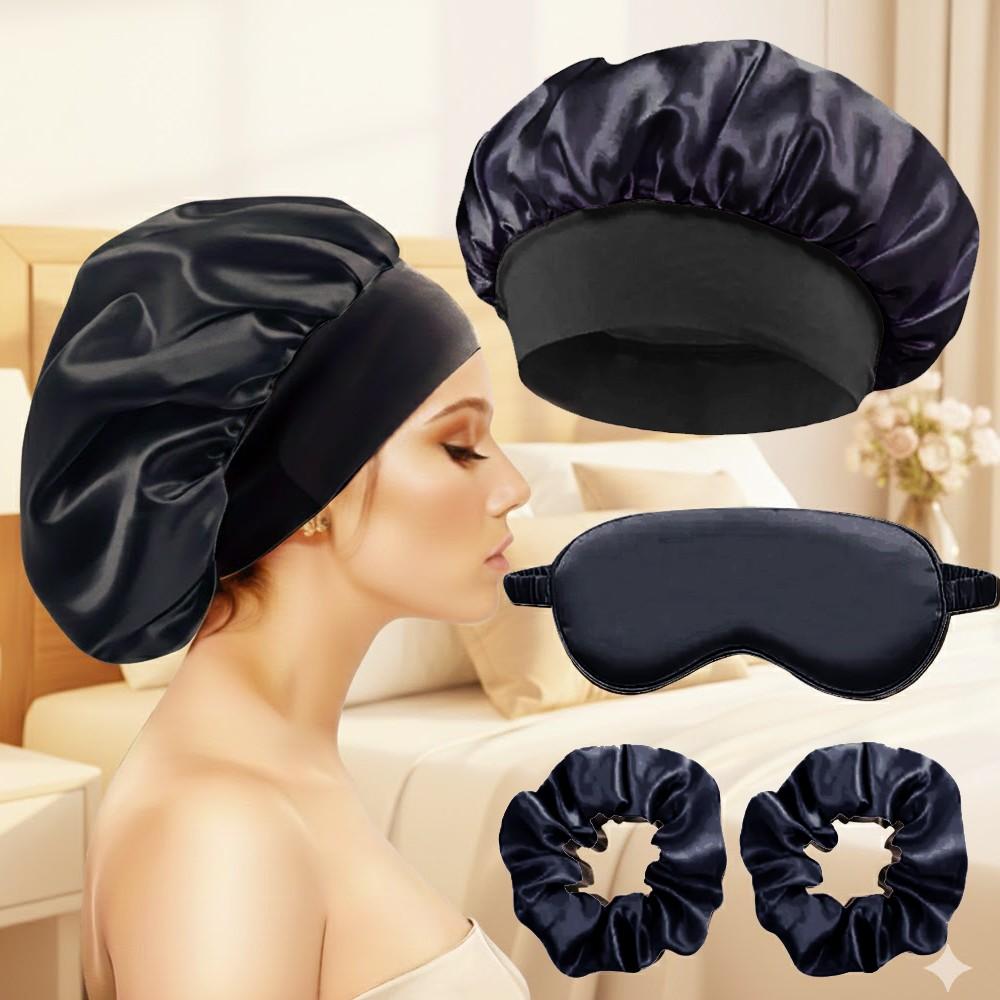 Sleep Mask and Hair Care Tool Set, Satin Sleep Cap, Soft Sleeping Eye Mask, 2 Hair Scrunchies, Alcohol-Free, Ideal for Travel & Home Use