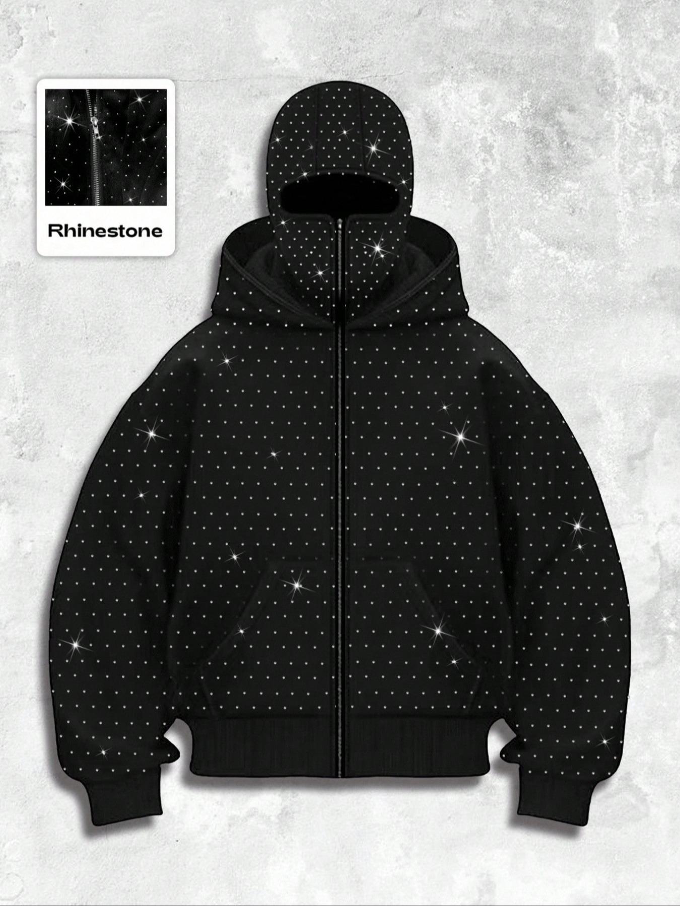 Men's Street Style Rhinestone HooMen's Street Style Rhinestone Hooded Sweatshirt, Pocket and Zip Design, Fall & Winter Wear, Geometric Pattern, Fitted Fitded Sweatshirt, Pocket and Zip Design, Fall & Winter Wear, Geometric Pattern, Fitted Fit, Streetwear