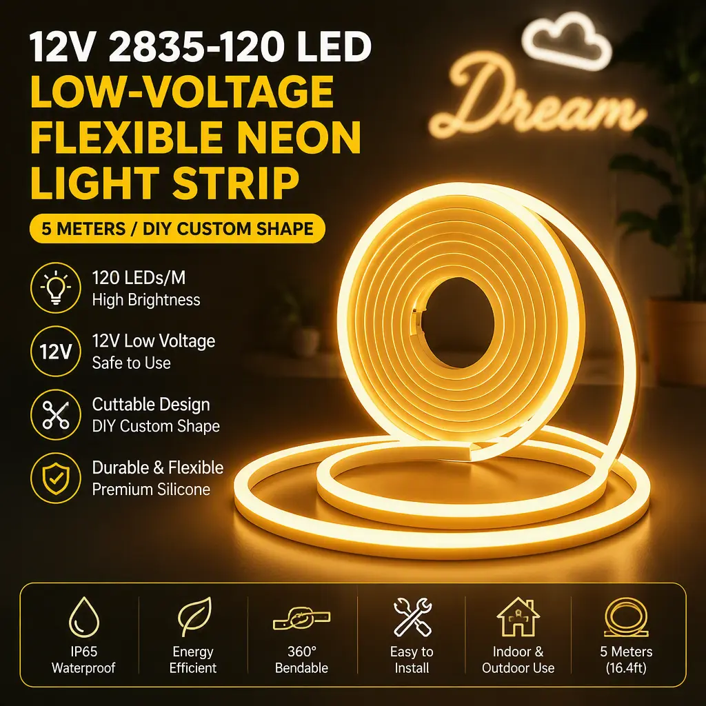 12V 2835‑120 LED Flexible Neon Rope Light, 5‑Meter Low‑Voltage DIY Modeling LED Strip for Advertising Sign & Scene Lighting